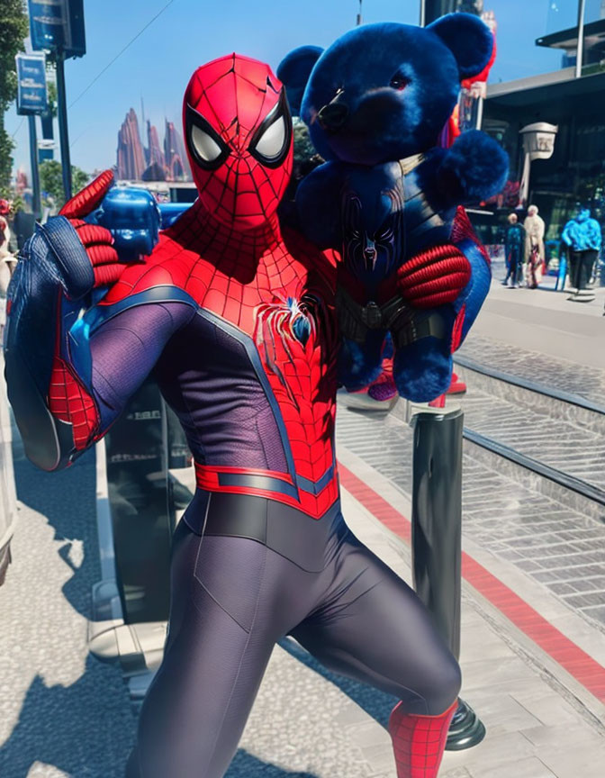 Person in Spider-Man costume with Black Panther teddy bear on street pose