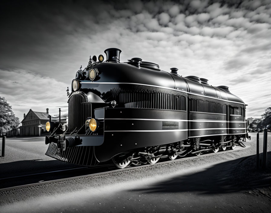 Vintage Black Steam Locomotive with Golden Headlights on Tracks