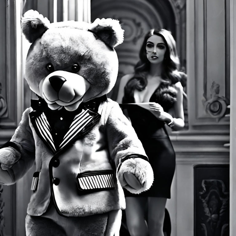 Monochrome image of person in teddy bear costume with woman in elegant attire in ornate room