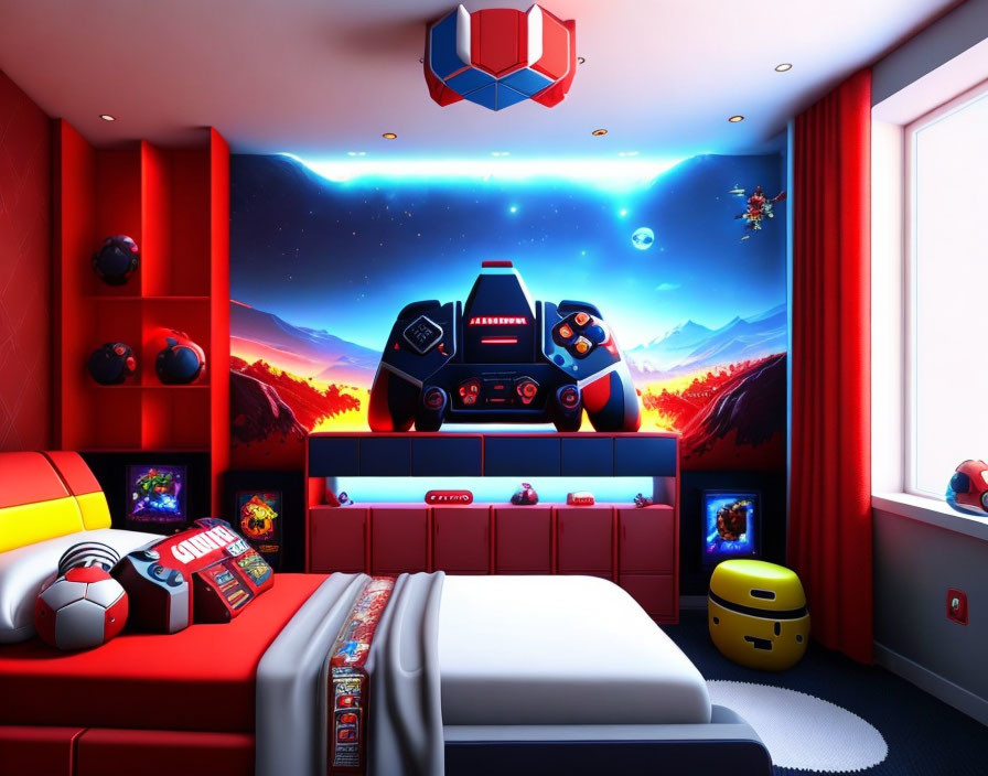 Colorful Space-Themed Children's Bedroom with Spaceship Bed & Galaxy Wall Mural