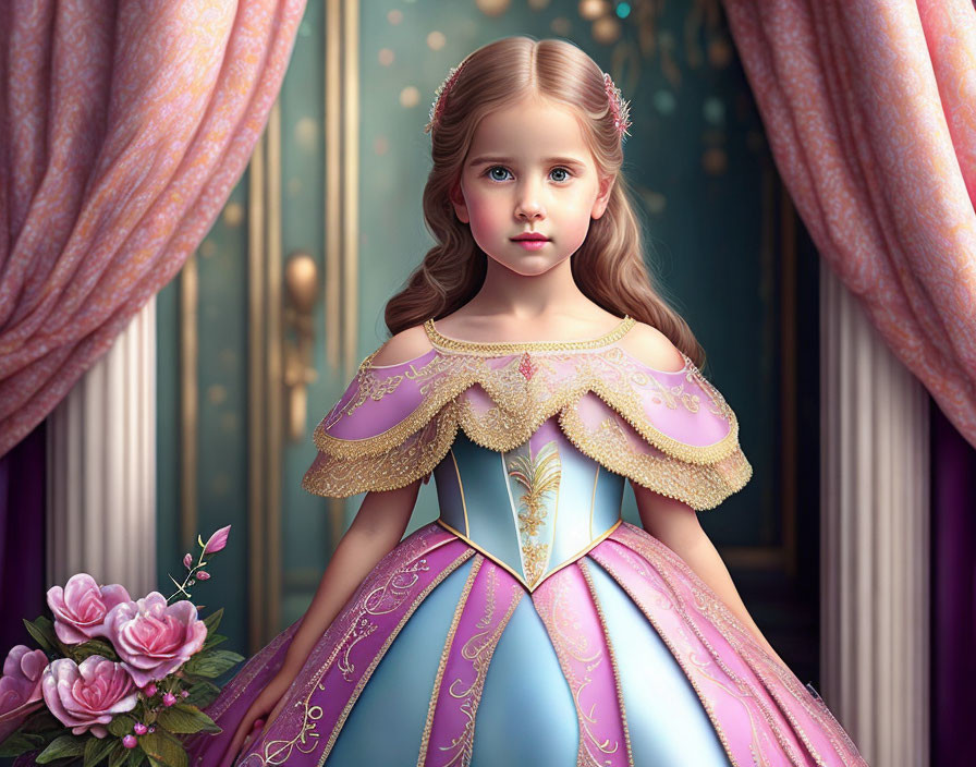 Young girl in ornate pastel dress before elegant door in digital illustration