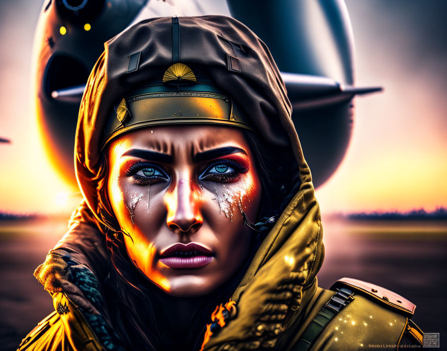 Digital artwork of woman in pilot cap with intense eyes and dramatic makeup by airplane propeller at sunset