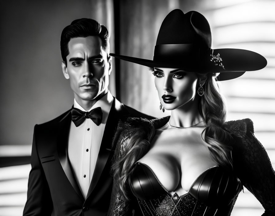 Stylish monochrome image of couple in tuxedo and elegant attire