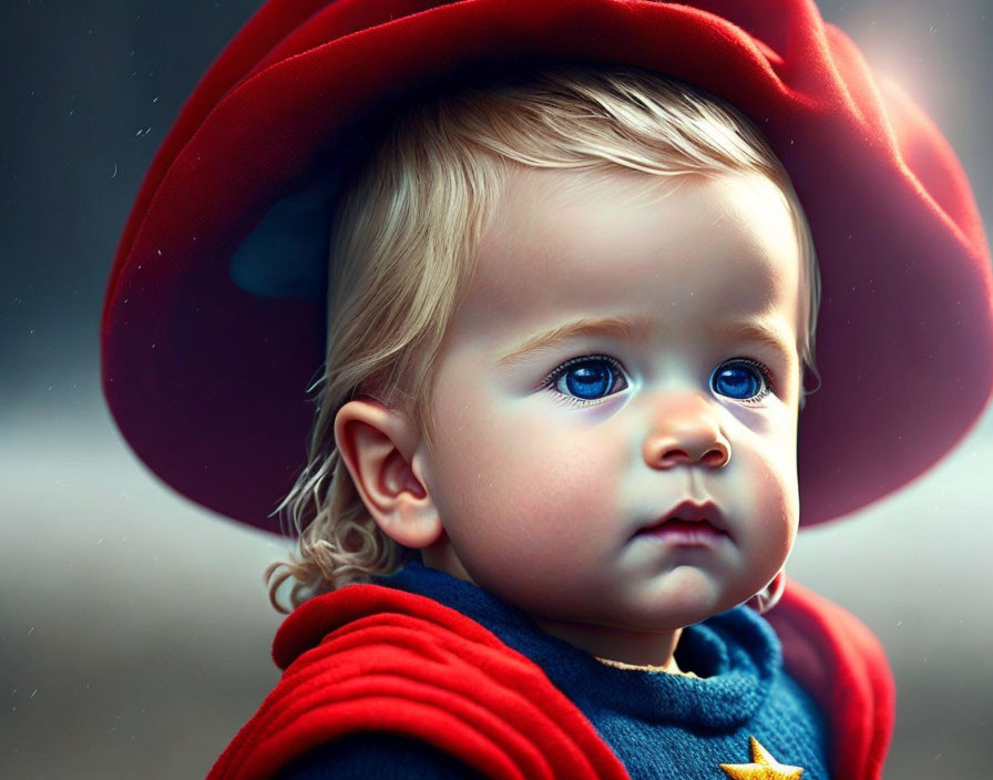 Toddler with Blue Eyes and Curly Hair in Red Hat and Coat