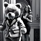 Monochrome image of person in teddy bear costume with woman in elegant attire in ornate room