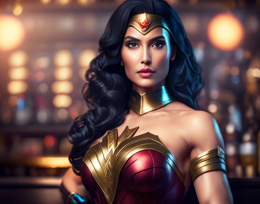 Woman in Wonder Woman costume with tiara, dark hair, and gold armor elements on blurred background.