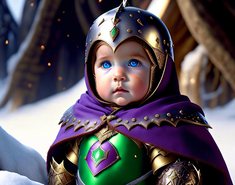 Blue-eyed baby in medieval knight armor with purple cloak on snowy background