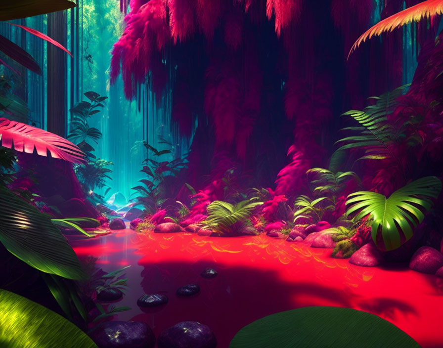 Colorful digital illustration of a fantastical jungle with magenta and green foliage, crimson river, and