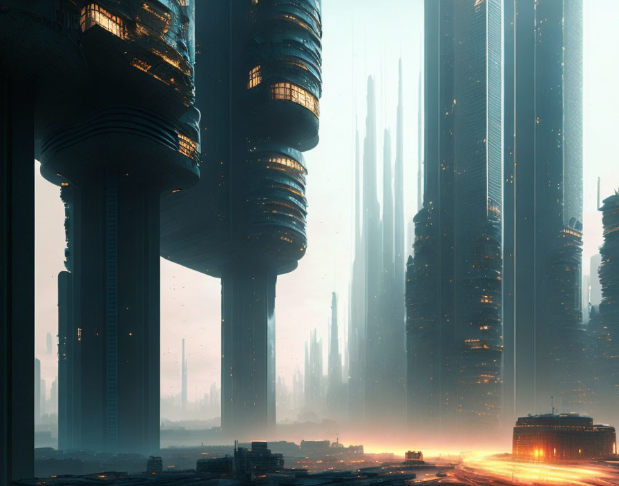 Futuristic cityscape with towering skyscrapers and glowing roads at dusk or dawn