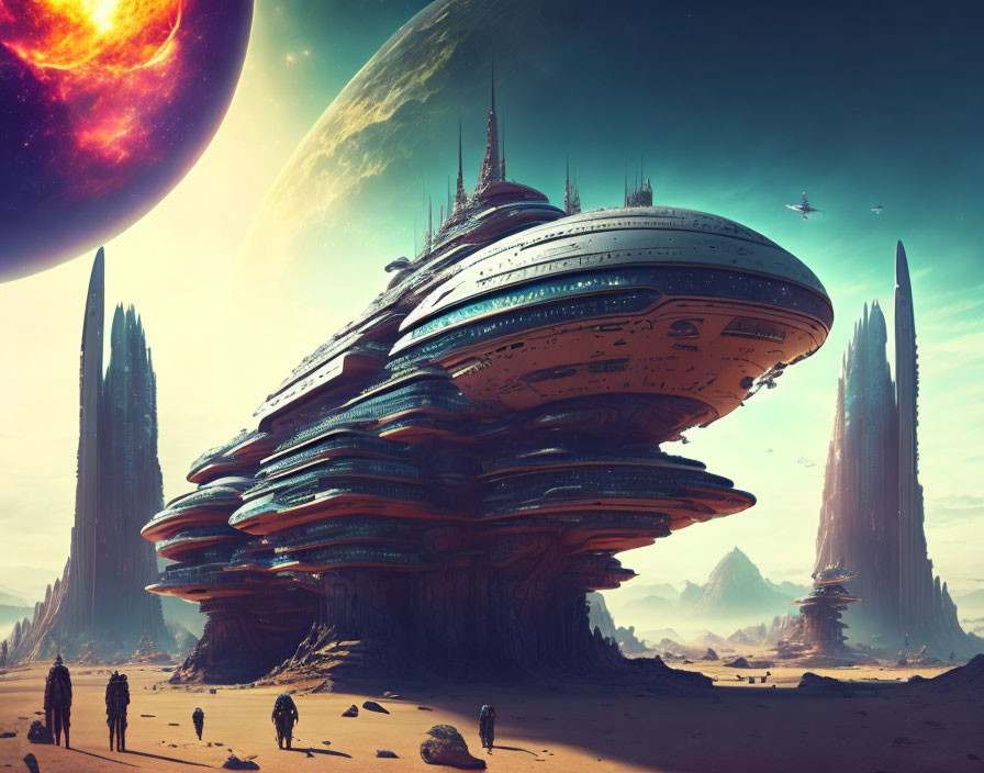 Futuristic landscape with spaceship, spires, figures, planet, and giant moon