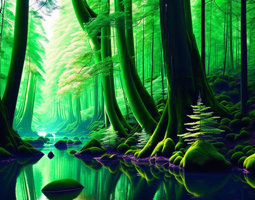 Lush green forest with reflective water and mist