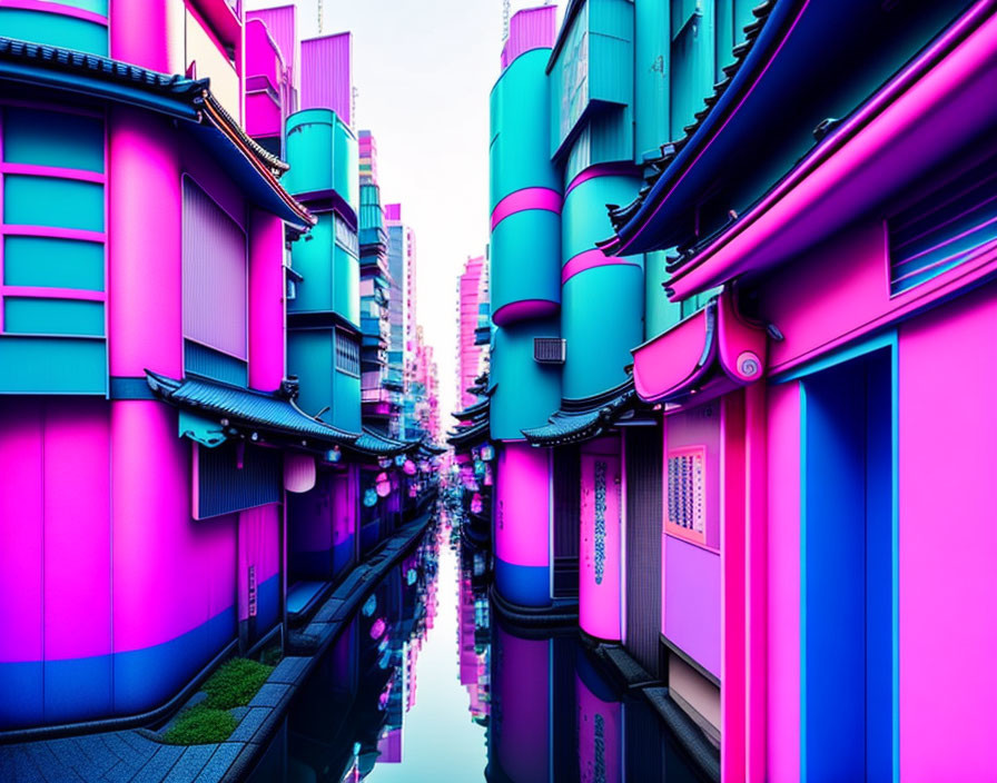 Digitally-altered cityscape with neon pink and blue hues reflected in waterway