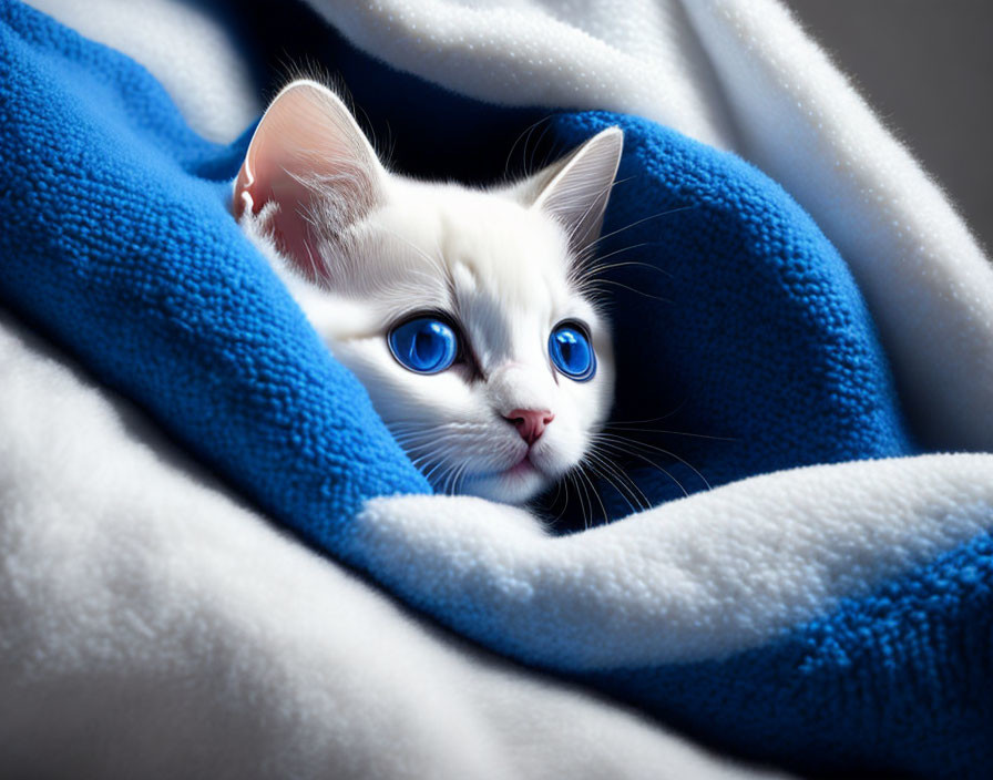 White Kitten with Striking Blue Eyes on Blue and White Blanket