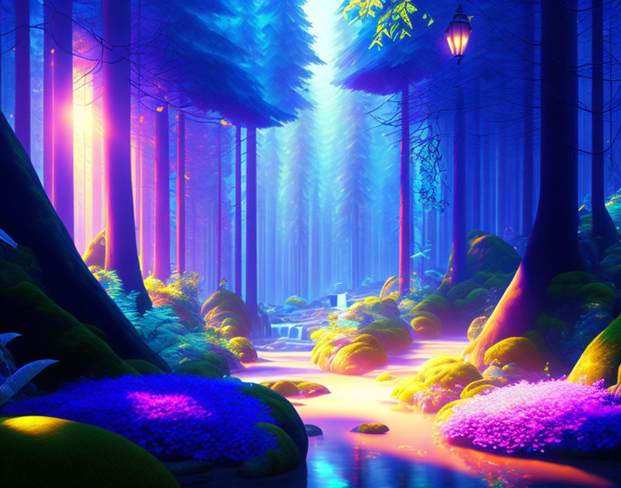 Vibrant mystical forest with glowing stream and lush vegetation