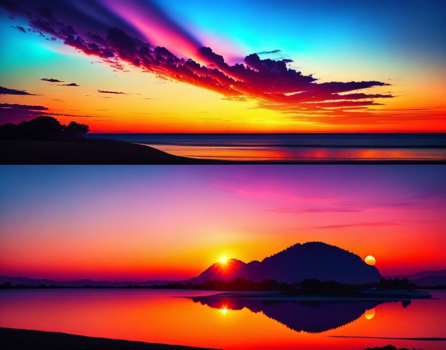 Vivid sunset over tranquil lake with mountain silhouettes