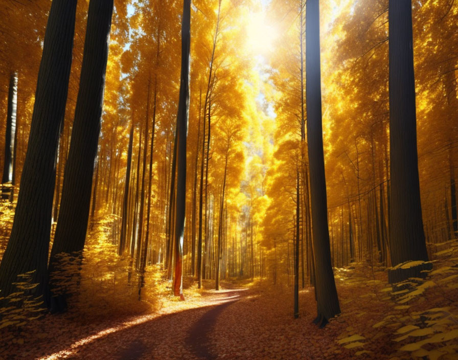 Dense Forest Path Illuminated by Sunlight