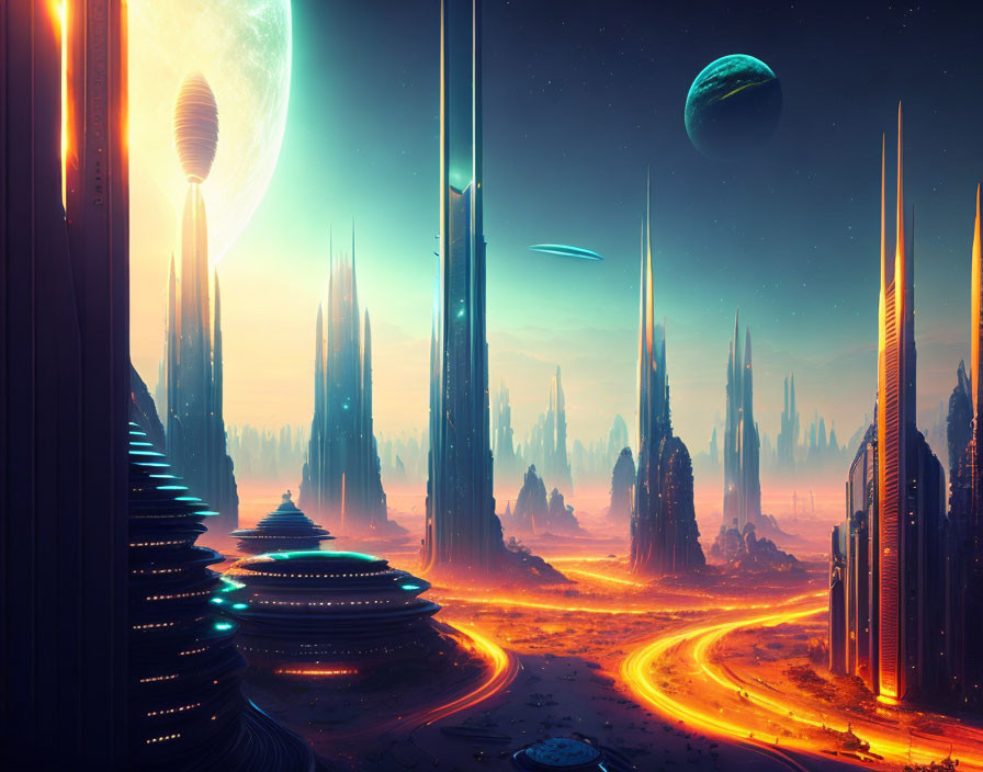 Futuristic cityscape with towering spires, glowing river, and large planets in sky