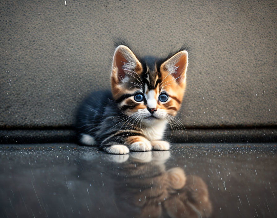 Adorable kitten with blue eyes on shiny surface with water droplets