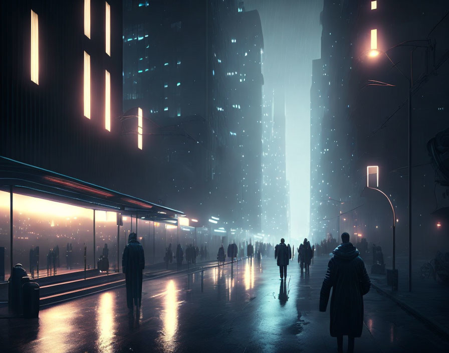 Nighttime futuristic cityscape with illuminated buildings, bus stop crowd, and solitary figure on wet street.