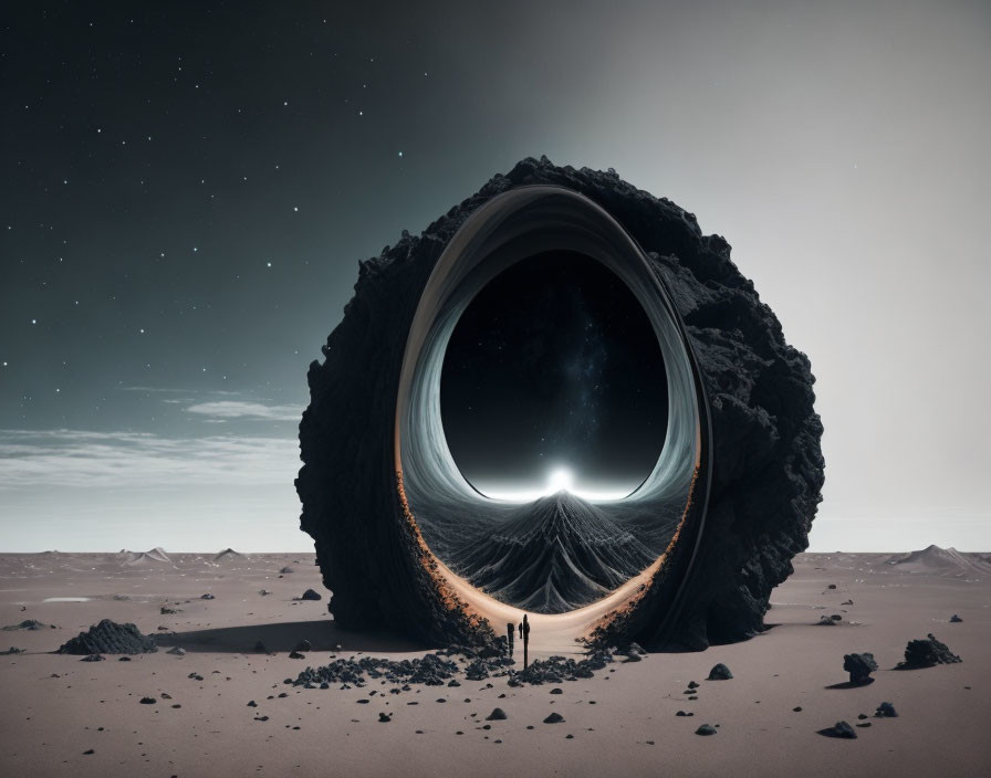 Massive circular portal in barren desert landscape with lone figure