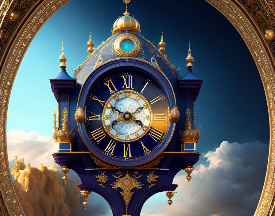 Vintage Ornate Clock with Roman Numerals in Golden Frames Against Sky