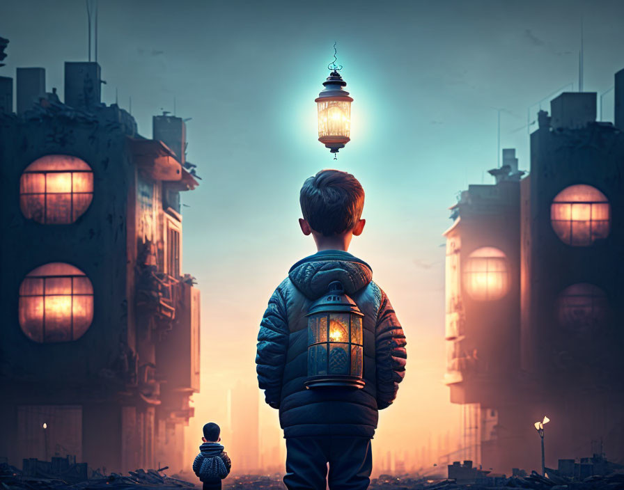 Boy with lantern in dystopian cityscape at dusk