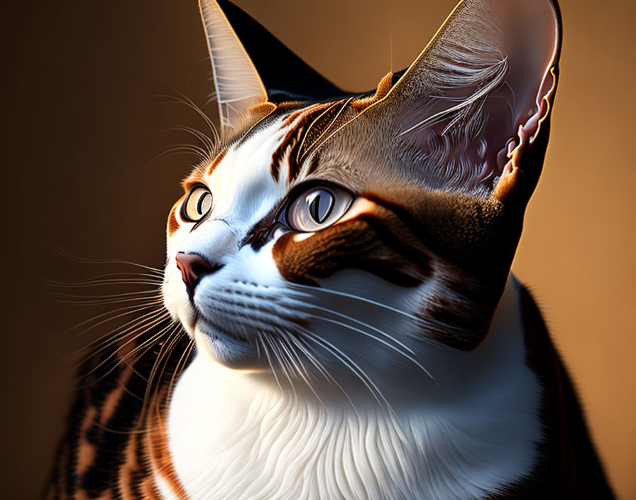 Striped fur cat digital artwork with large eyes on warm background