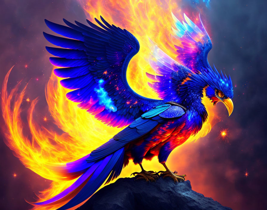 Blue and orange phoenix on rock in cosmic setting