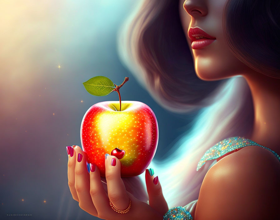 Woman with flowing hair holding vibrant red apple in magical setting