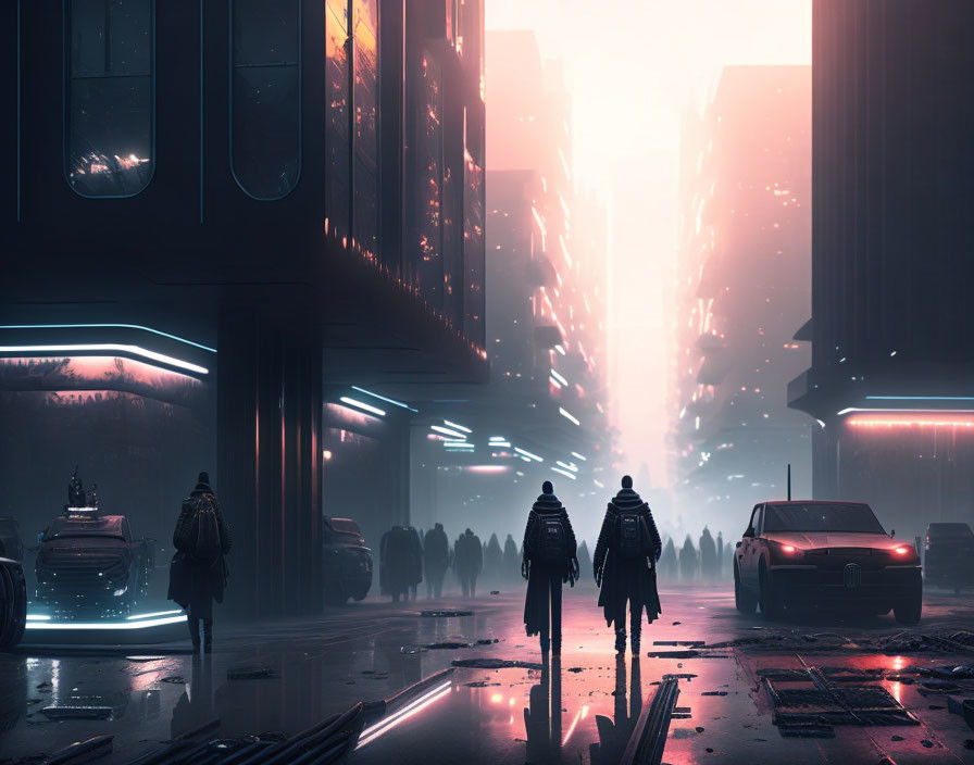 Neon-lit futuristic cityscape with high-rise buildings