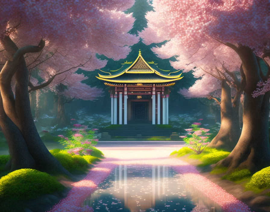 Traditional Asian Pagoda Surrounded by Cherry Blossoms and Reflective Pond