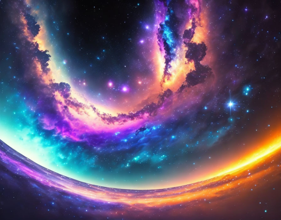 Colorful cosmic digital artwork with swirling nebulas and stars.