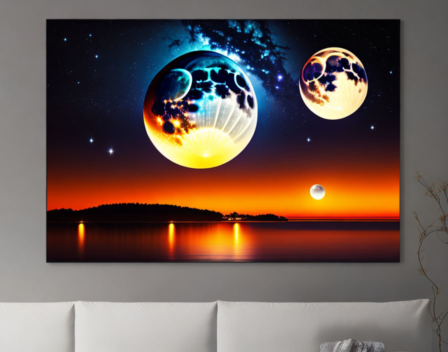 Surreal celestial triptych wall art with vibrant planets and starry sky