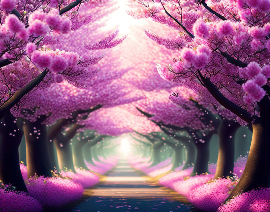 Tranquil Cherry Blossom Path in Warm Light