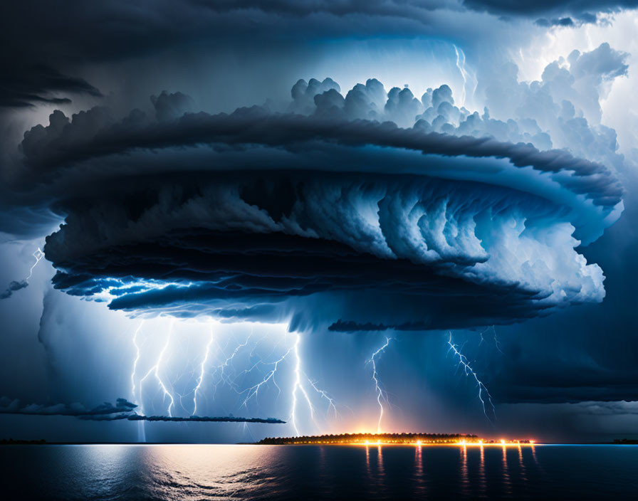 Supercell Thunderstorm with Lightning Strikes over Water at Twilight