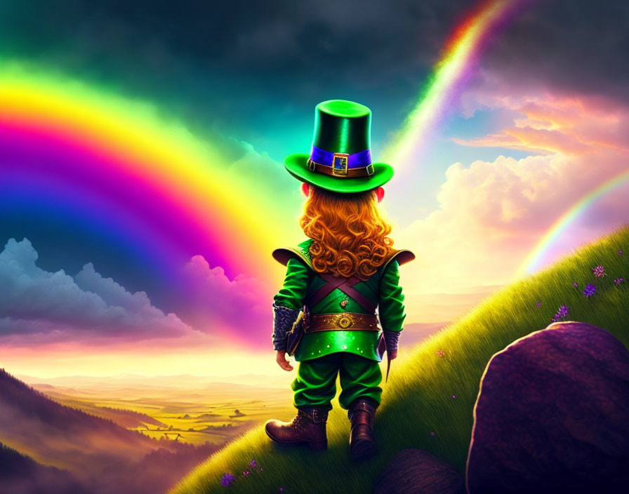 Colorful landscape with small leprechaun figure and vibrant rainbow