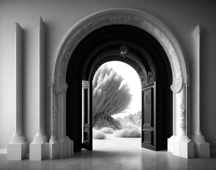 Ornate Black Arched Doorway Reveals Surreal Monochrome Landscape