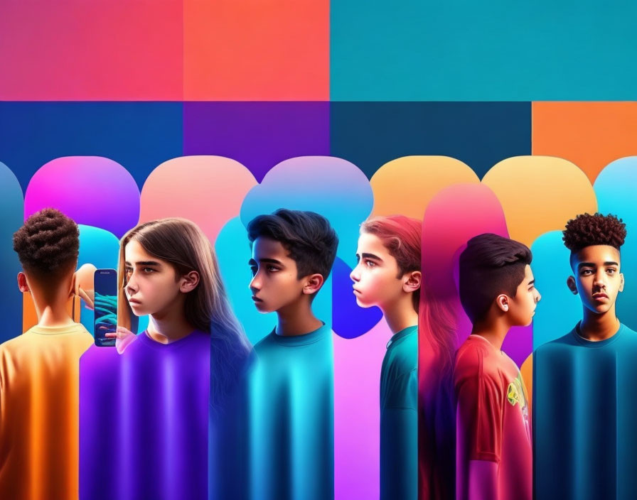 Seven diverse individuals in profile view on colorful geometric background with smartphone glow