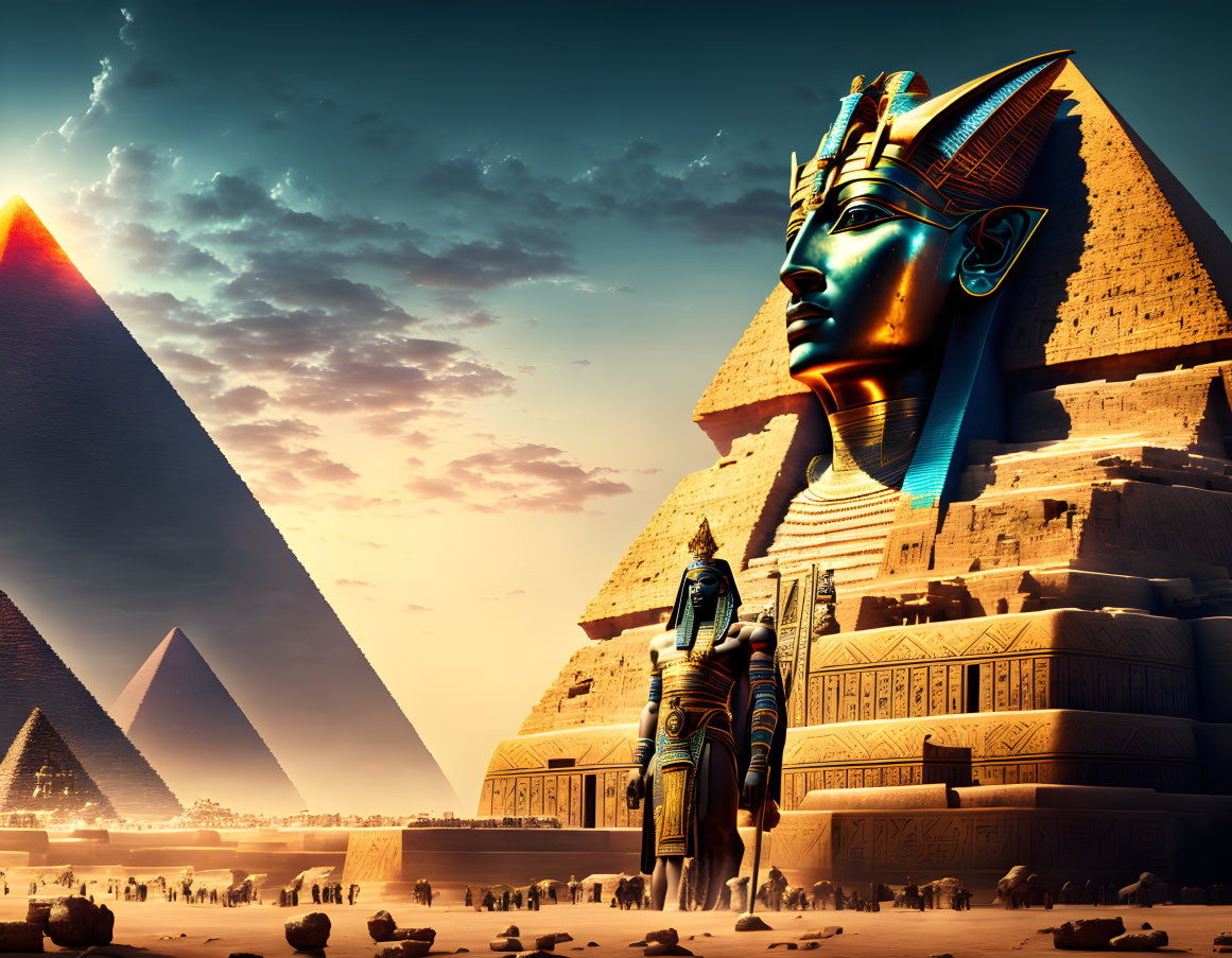 Egyptian Sphinx with Pharaoh's Head by Pyramids in Golden Sky