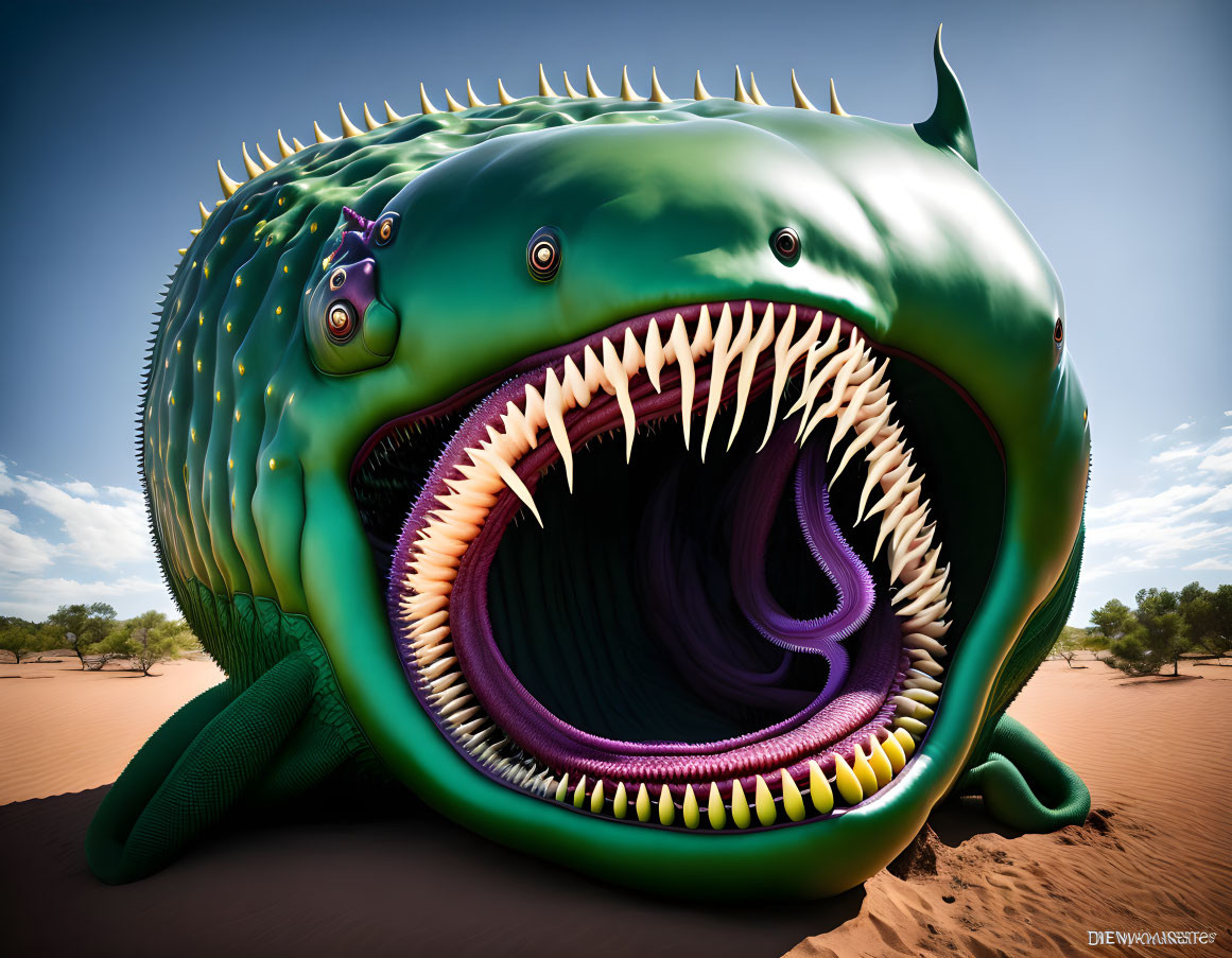 Large green monstrous fish with sharp teeth in surreal desert landscape