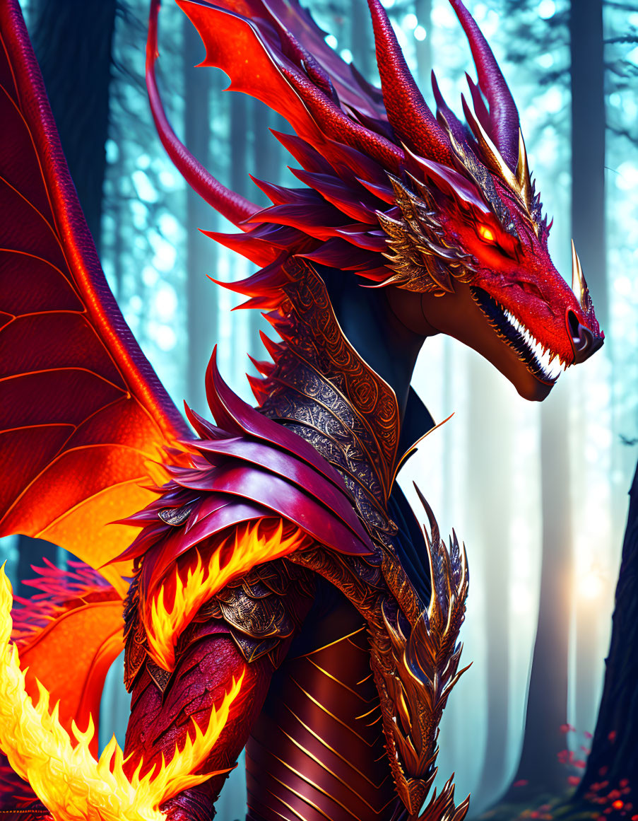 Majestic red dragon in intricate armor in mystical forest