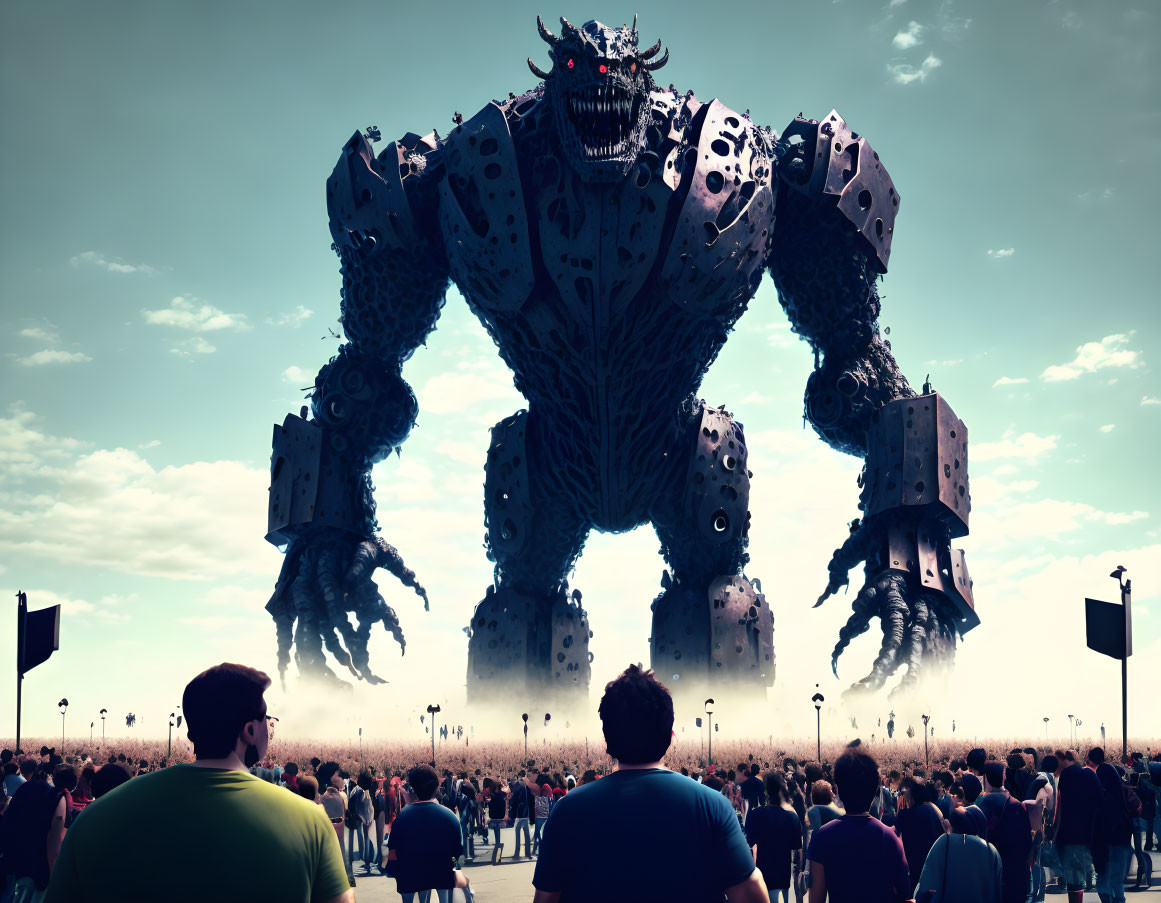 Enormous robotic monster with horns dominates crowd under cloudy sky