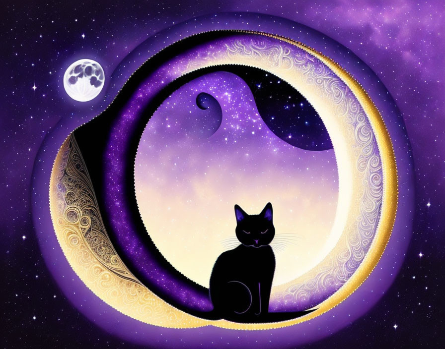 Whimsical black cat in crescent moon against starry purple sky