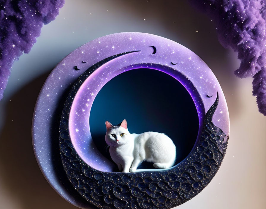 White cat in crescent moon and star frame with purple clouds