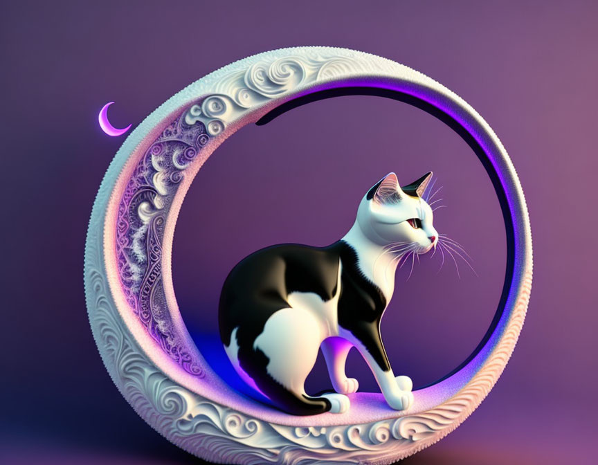 Stylized black and white cat in ornate crescent moon on purple background