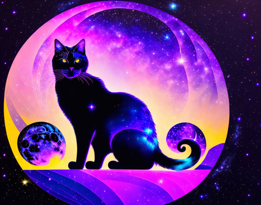 Colorful Cosmic Silhouetted Cat in Purple and Blue Nebulae