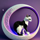 Stylized black and white cat in ornate crescent moon on purple background