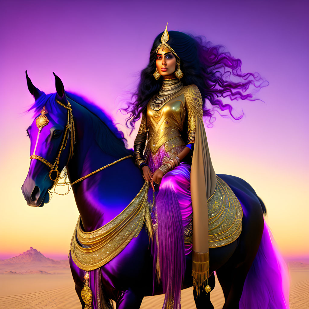 Woman in Golden Armor Riding Black Horse at Sunset