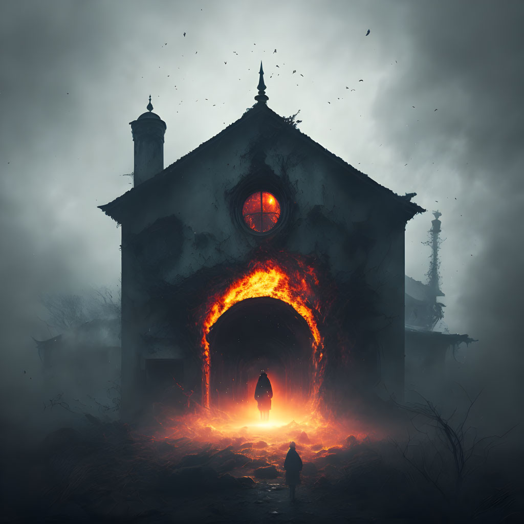 Eerie church scene with fiery portal and solitary figure