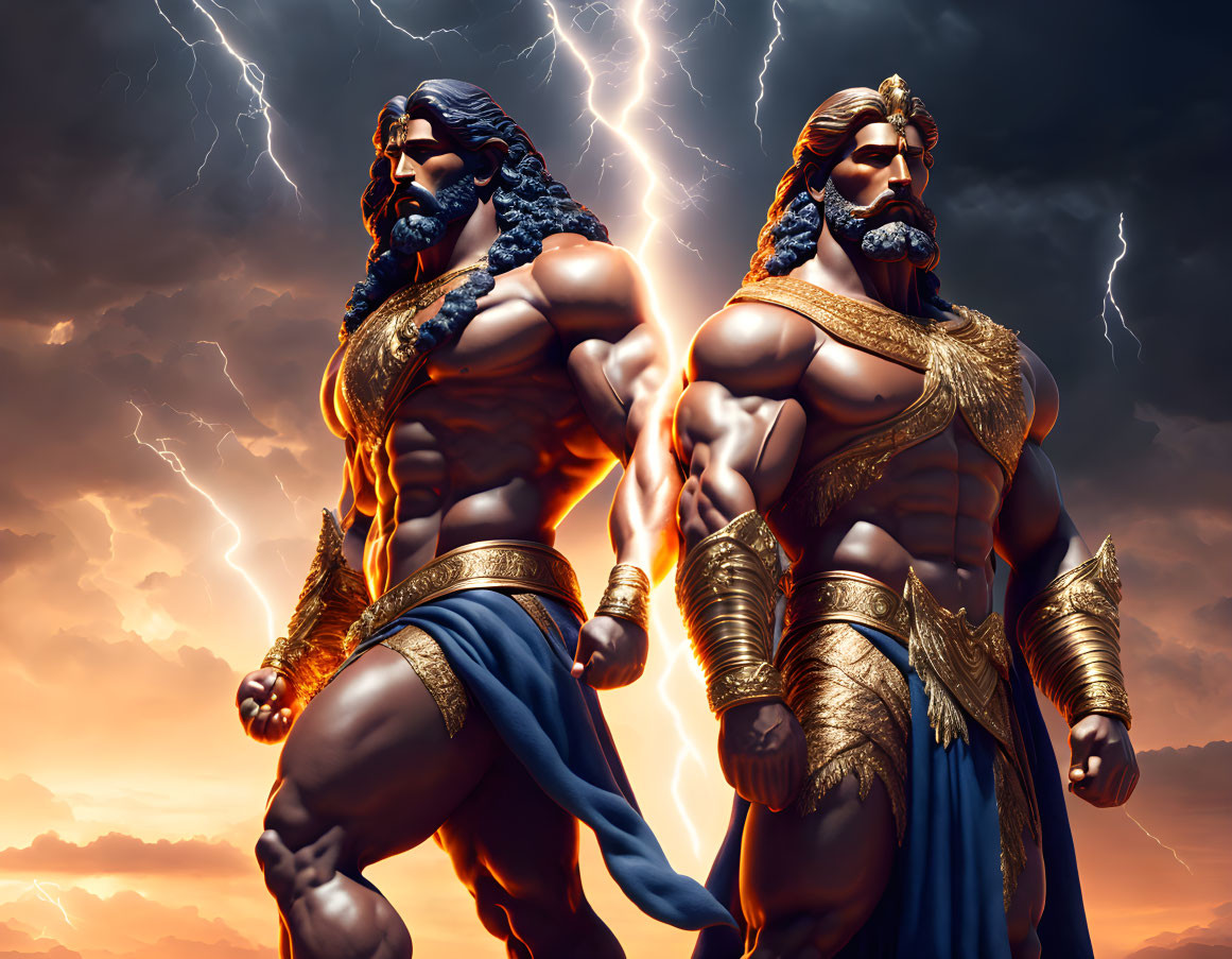 Muscular bearded animated warriors in ancient attire under stormy sky